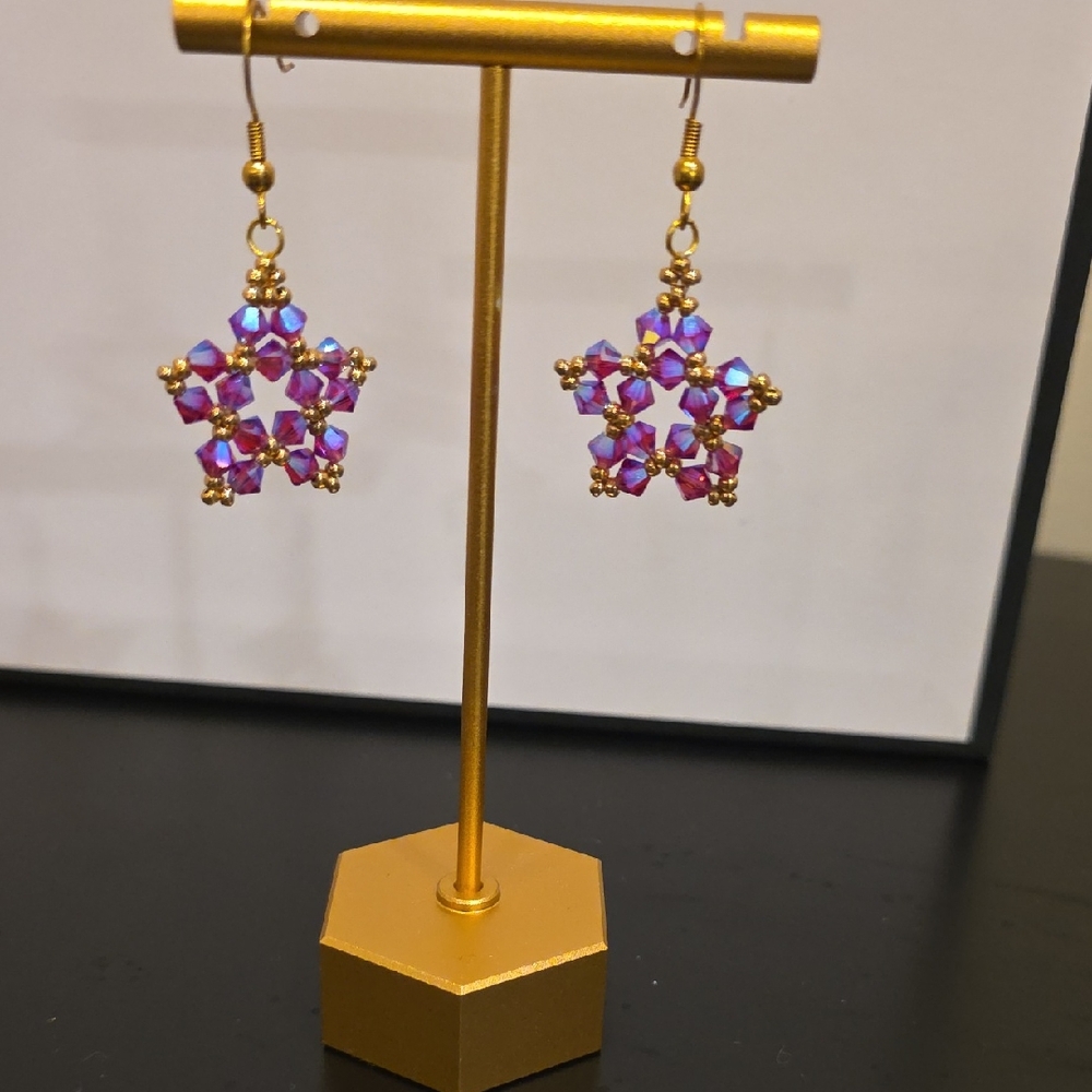 Elegant Purple and Pink Sparkly Beaded Star/Flower Earrings